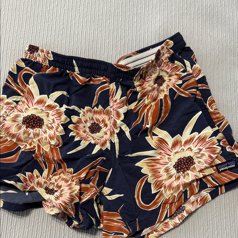 Patagonia Women's Athletic Shorts - Navy and Brown Floral